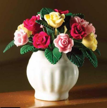 Mixed Summer Roses in White Pot