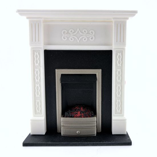 Dolls House Fireplace with Glowing Fire - White